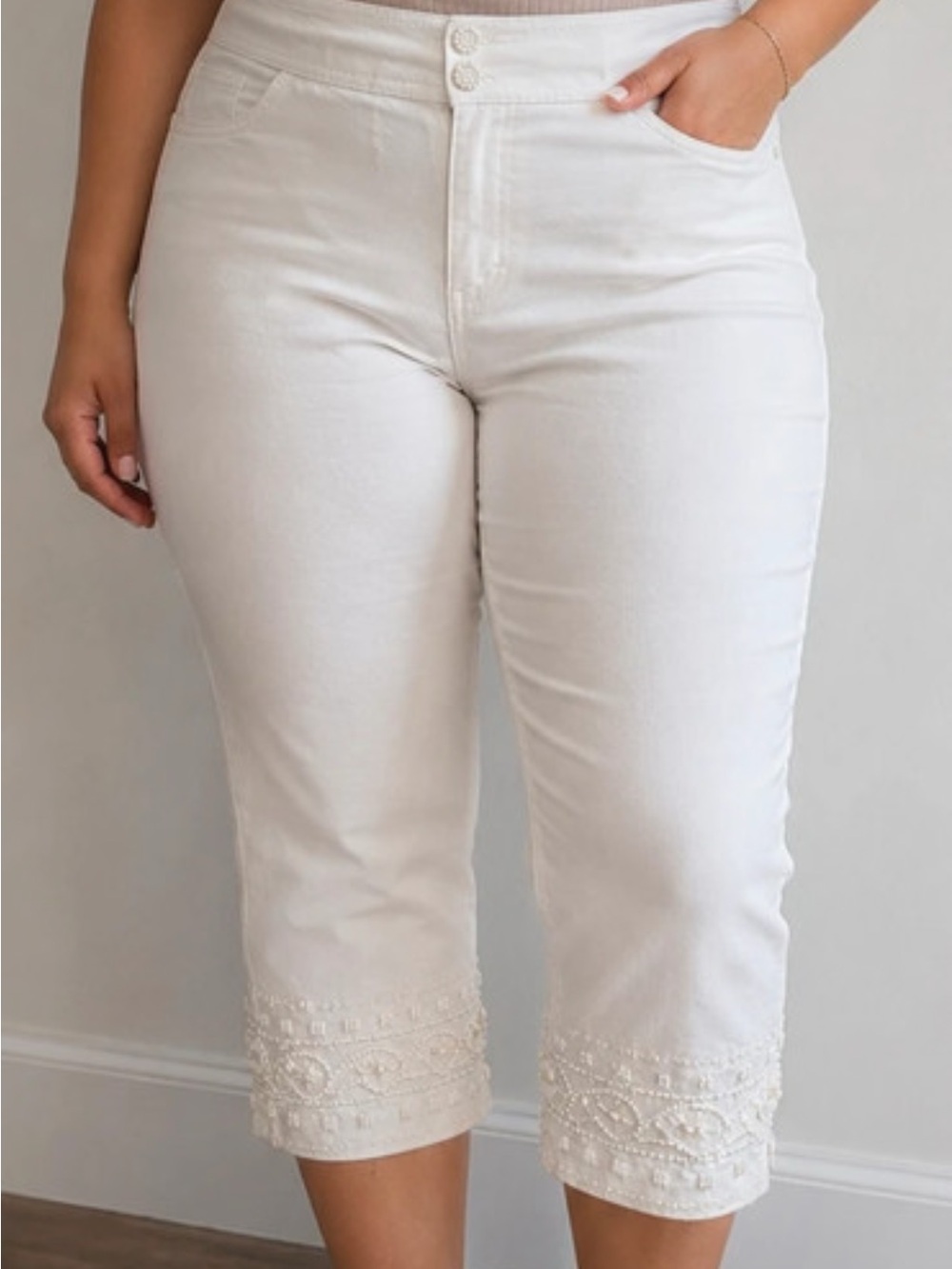 Vintage Havenbleu White Embellished Flare Capri Pants Size 12